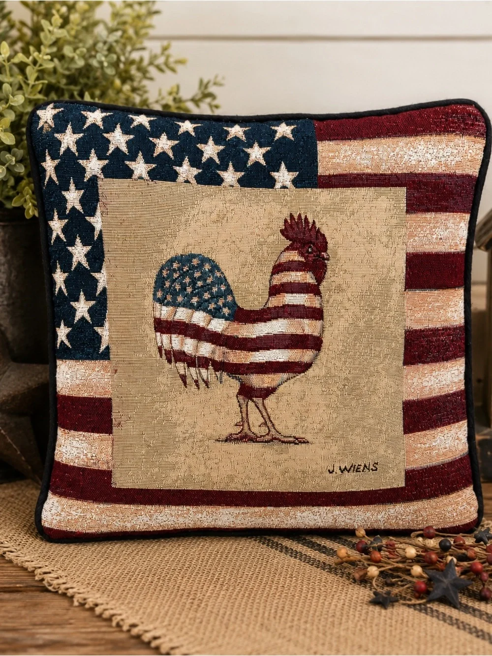 J. Wiens Americana Rooster Tapestry Throw Pillow 16x16 Patriotic Farmhouse Decor
